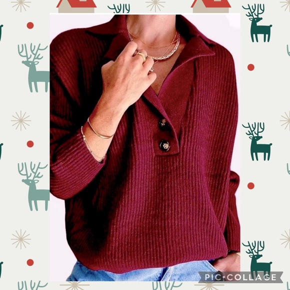 Sweater, notch collar, button trim, Oversize, Shaker knit, Wine XL - Picture 9 of 9